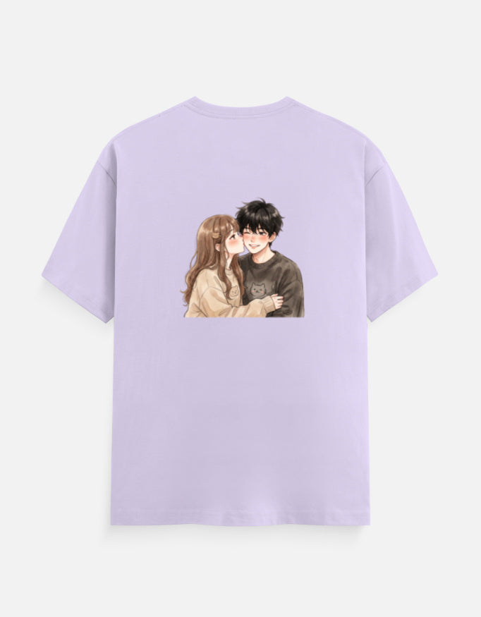 Lavender unisex crew neck T-shirt with couple portrait graphic on the chest
