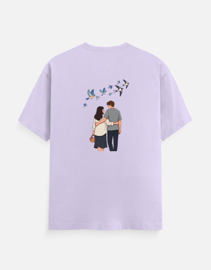 Lavender unisex crewneck T-shirt with printed couple and birds graphic on front