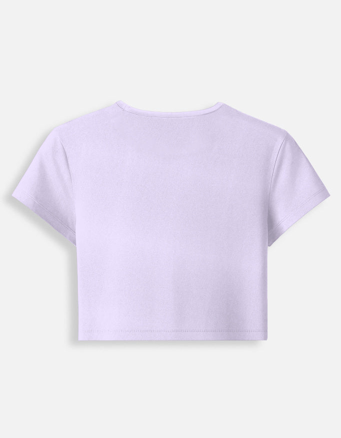 Women’s fitted crop baby tee, lavender, back view with crew neck