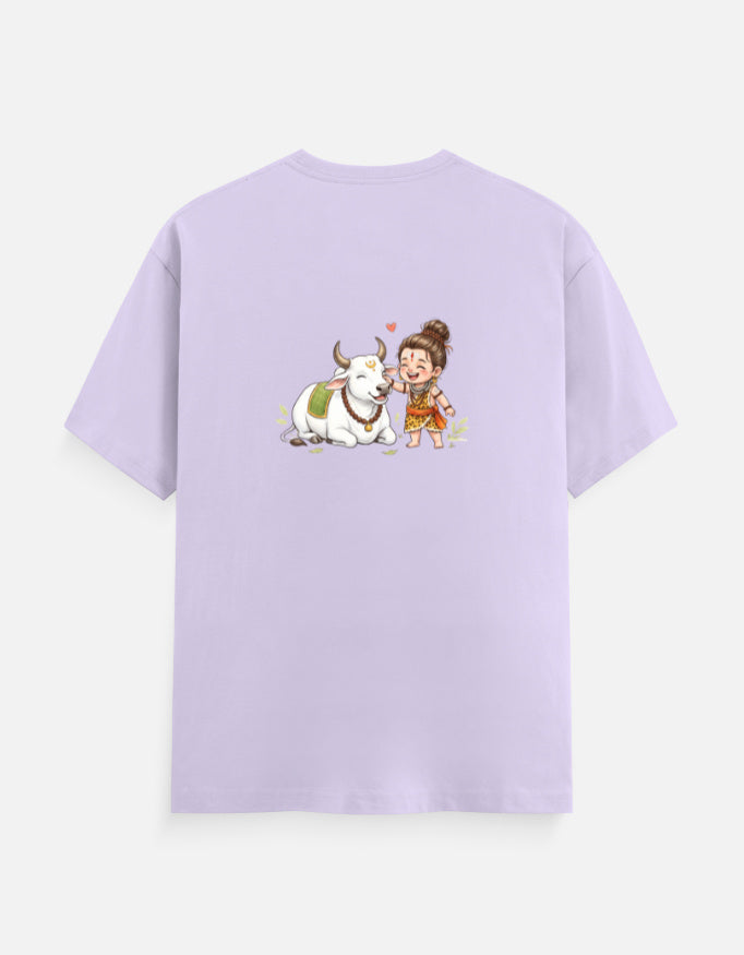 Lavender unisex graphic crew-neck t-shirt with centered cartoon cow and child print