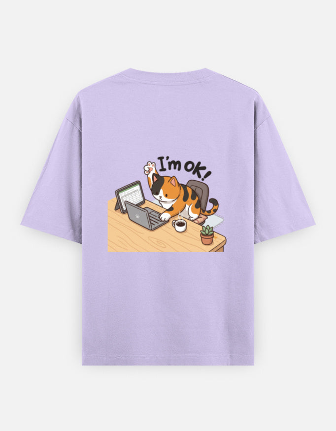 Lavender unisex oversized crewneck T-shirt, back graphic of cat at typewriter