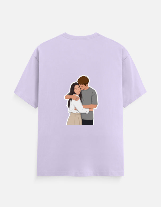Lavender unisex crewneck T-shirt with front couple graphic illustration.