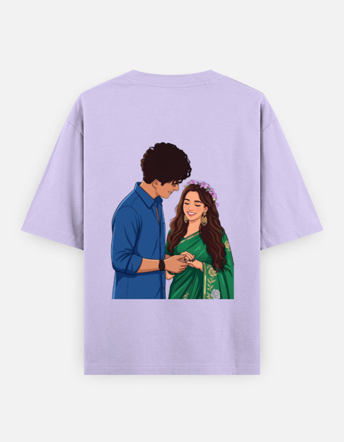 Lavender unisex oversized round-neck T-shirt with couple portrait graphic on back