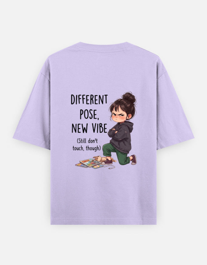 Lavender unisex oversized round-neck T-shirt, back graphic: child and 'Different Pose, New Vibe'.