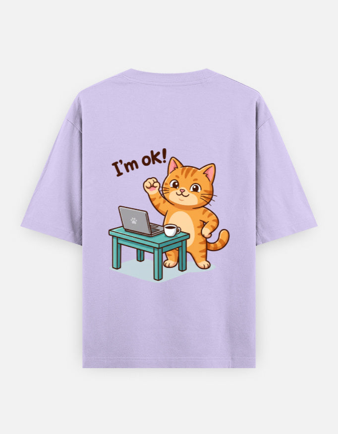 Lavender oversized round-neck T-shirt with “I’m ok!” orange cat desk graphic
