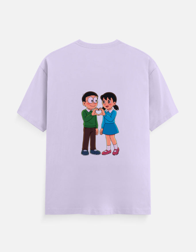 Lavender unisex crewneck T-shirt with printed cartoon couple at center back