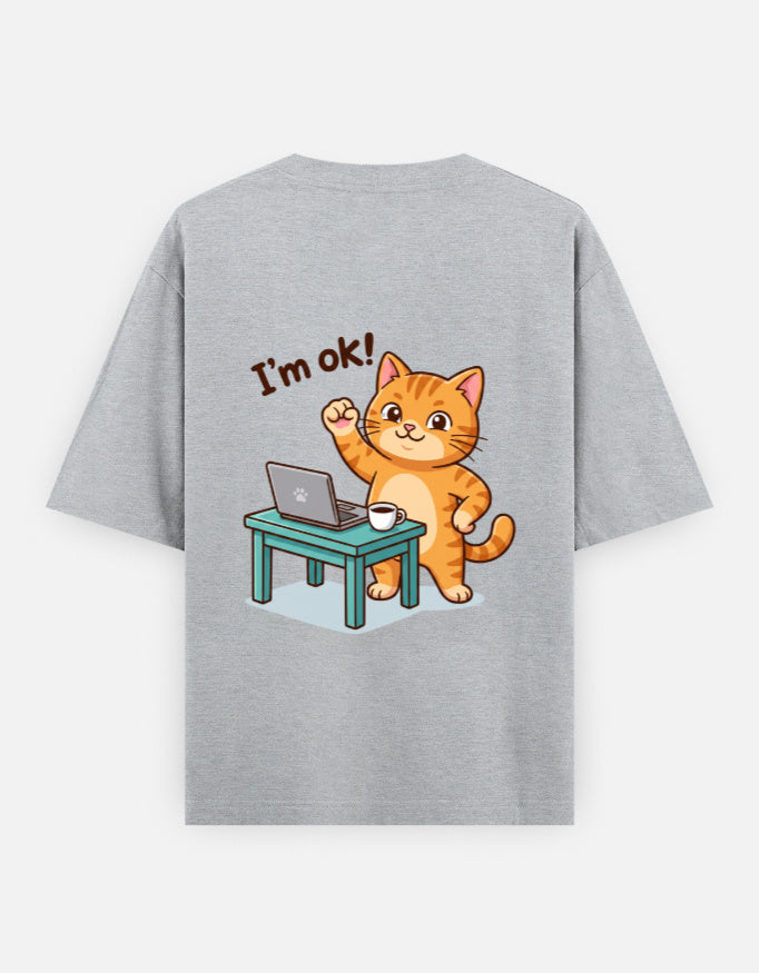 Grey melange oversized round-neck T-shirt with “I’m ok!” orange cat desk graphic