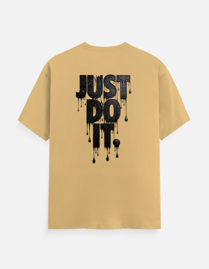 Unisex graphic crew-neck t-shirt, light tan, front large black dripping text print