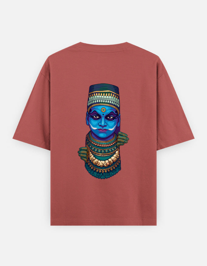 Unisex oversized round-neck T-shirt in coral with colorful blue face graphic print