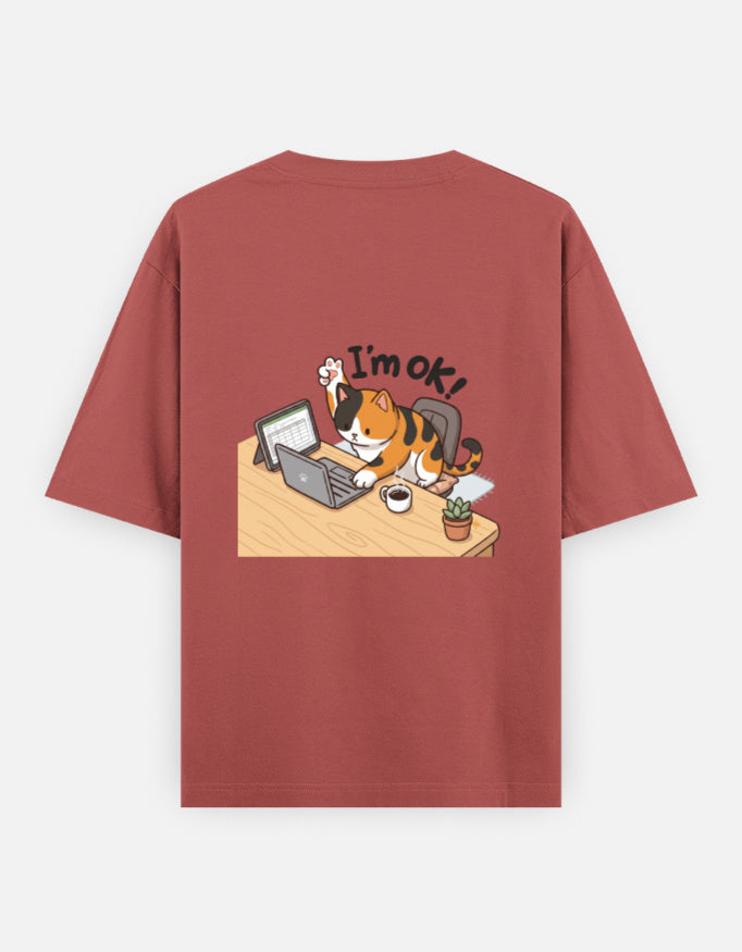 Coral unisex oversized crewneck T-shirt, back graphic of cat at typewriter
