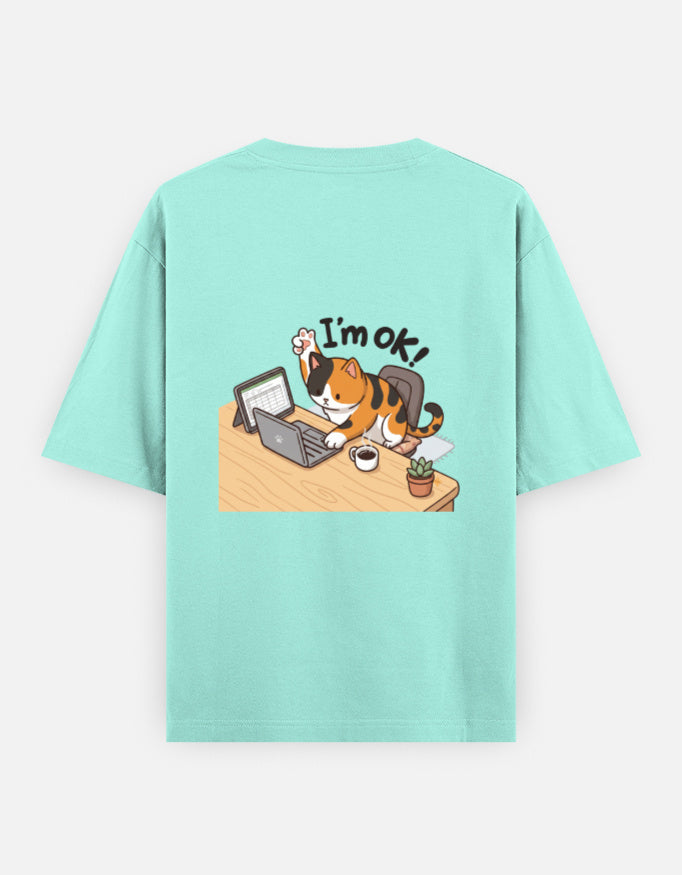 Mint unisex oversized crewneck T-shirt, back graphic of cat at typewriter