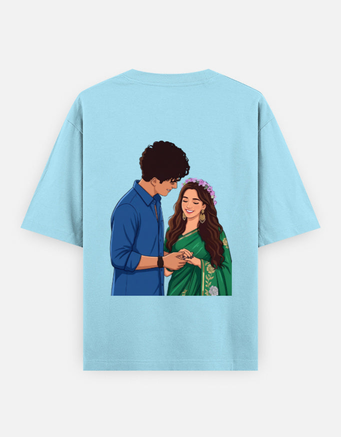 Baby blue unisex oversized round-neck T-shirt with couple portrait graphic on back