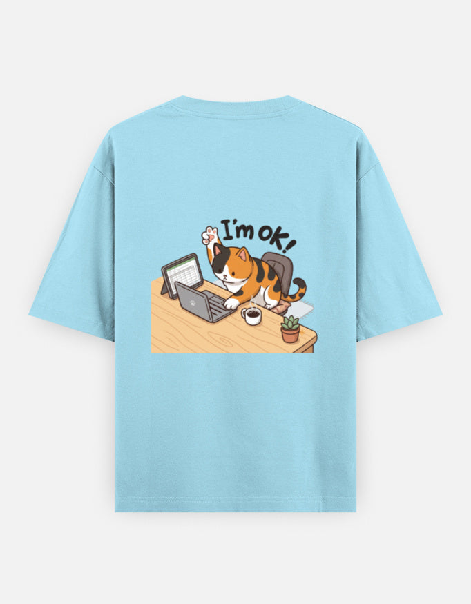 Baby blue unisex oversized crewneck T-shirt, back graphic of cat at typewriter