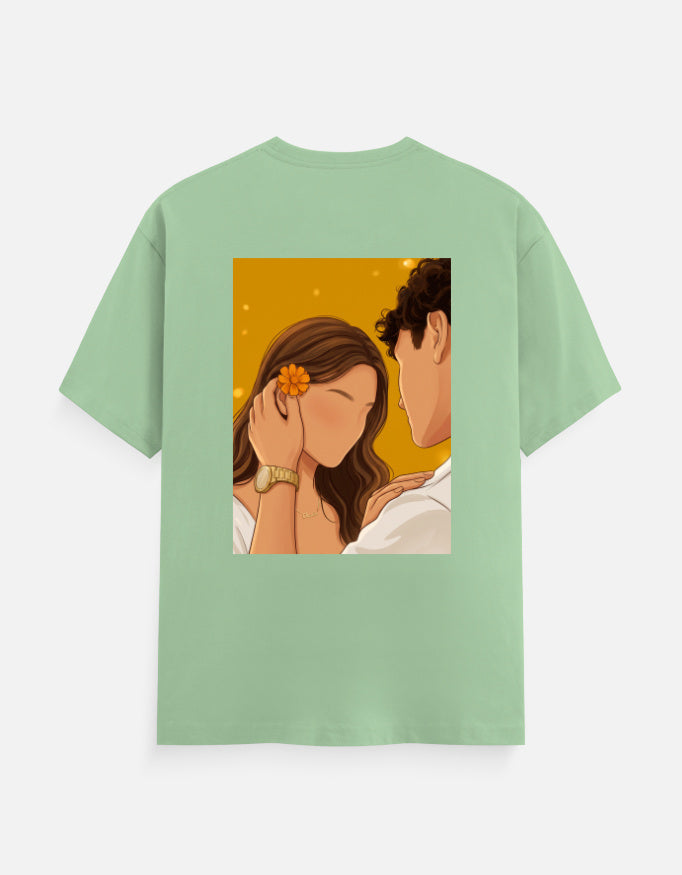 Unisex crew neck T-shirt, mint green, square romantic graphic print on front