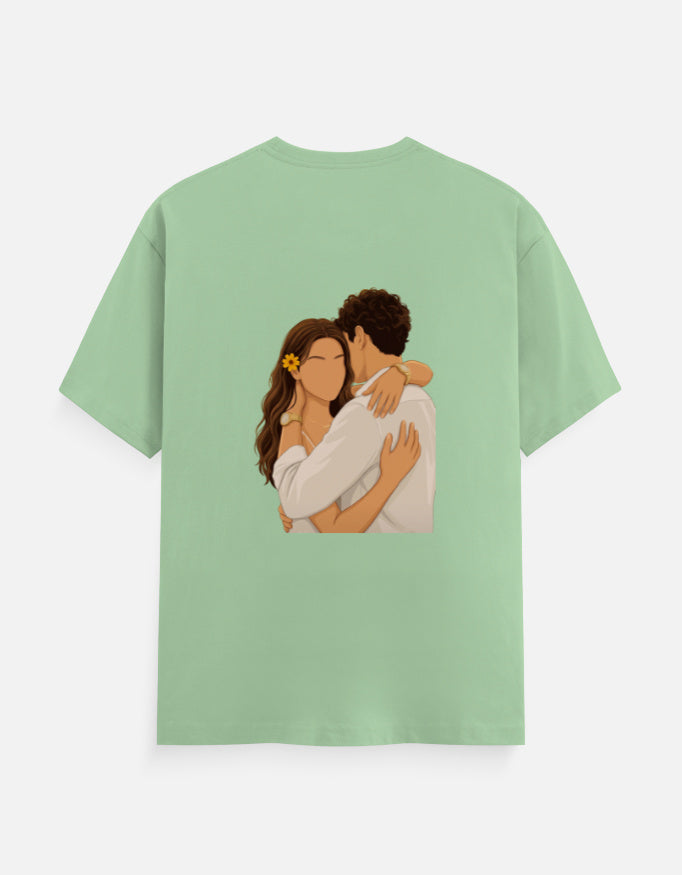 Jade green unisex crew T-shirt with round neck and hugging couple graphic on front