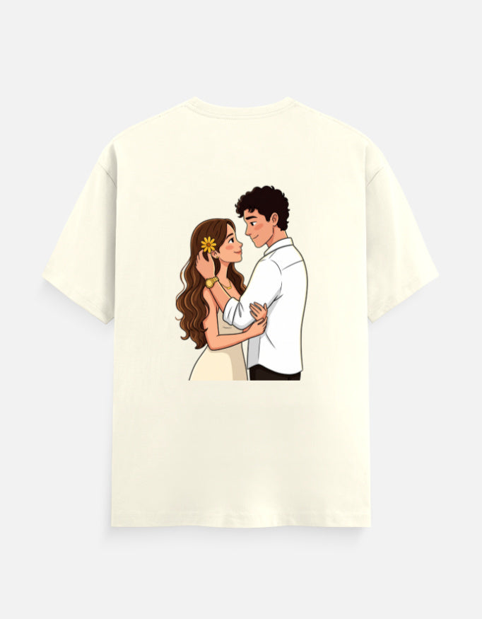 Off-white unisex crewneck T-shirt with small couple graphic on left chest.