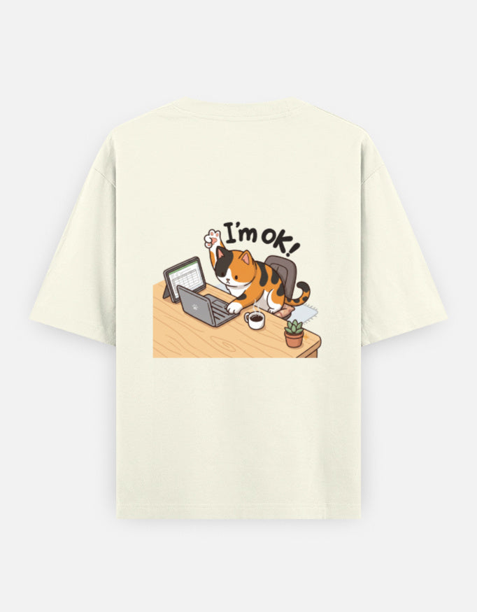 Off-white unisex oversized crewneck T-shirt, back graphic of cat at typewriter