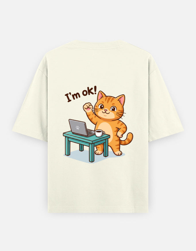 Off-white oversized round-neck T-shirt with “I’m ok!” orange cat desk graphic