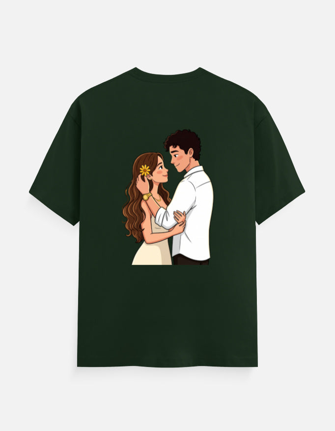 Bottle green unisex crew-neck T-shirt with colorful couple illustration at center chest