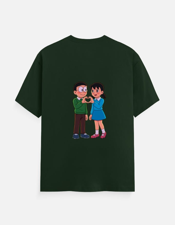 Dark green unisex crewneck T-shirt with printed cartoon couple at center chest