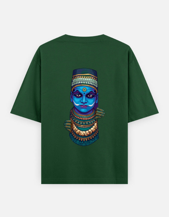 Unisex oversized round-neck T-shirt in bottle green with colorful blue face graphic print