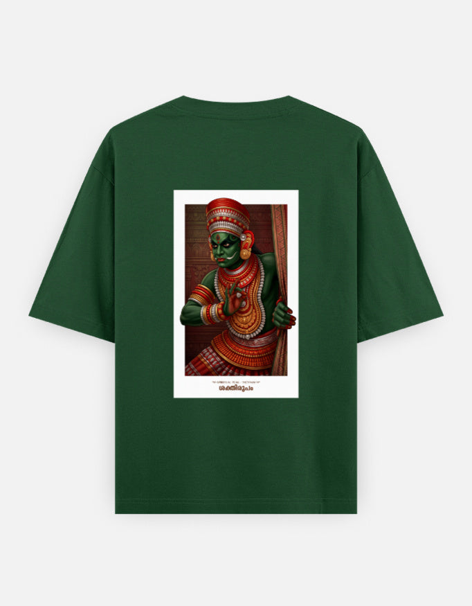 Bottle green oversized unisex round-neck T-shirt with centered deity portrait graphic