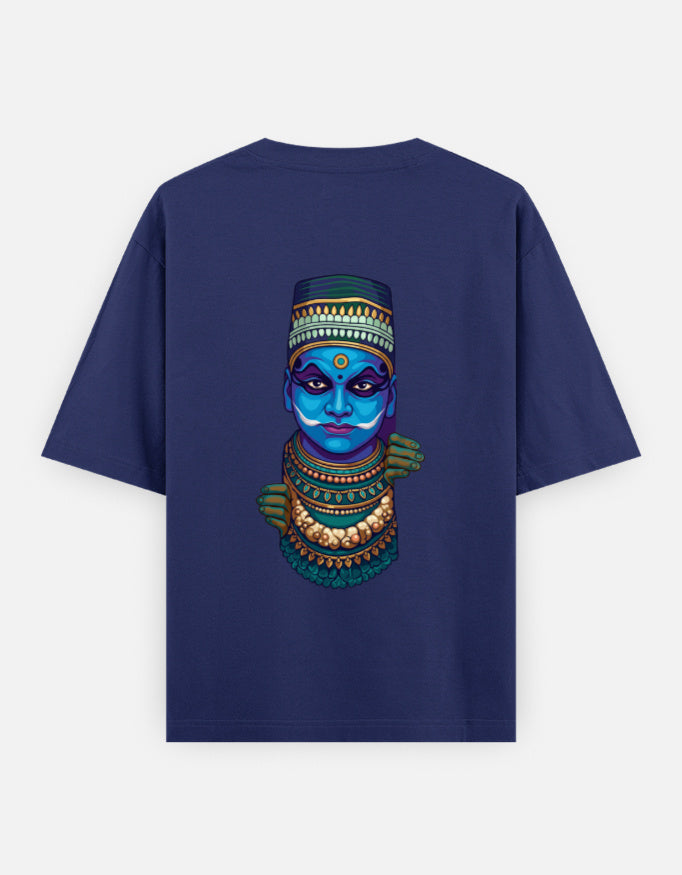 Unisex oversized round-neck T-shirt in royal blue with colorful blue face graphic print