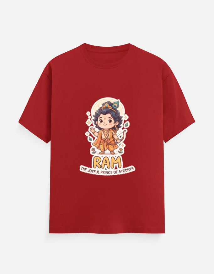 Red unisex crew-neck t-shirt with colorful RAM character graphic on the chest.
