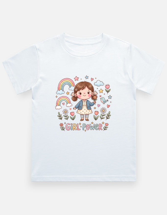 Kids graphic crew neck T-shirt, white with rainbow girl “Girl Power” print