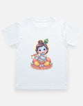 Kids crew neck T-shirt, white, front Krishna-style graphic print