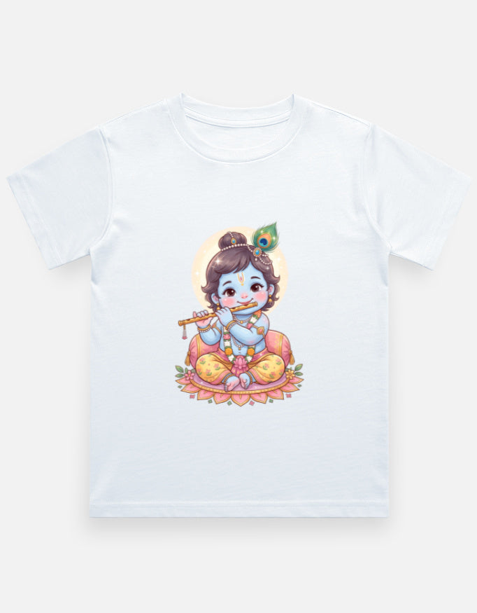 Kids crew neck T-shirt, white, front Krishna-style graphic print