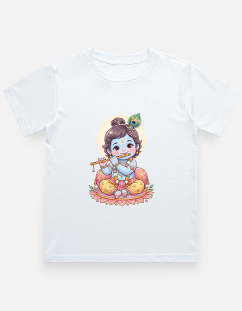 Kids crew neck T-shirt, white, front Krishna-style graphic print