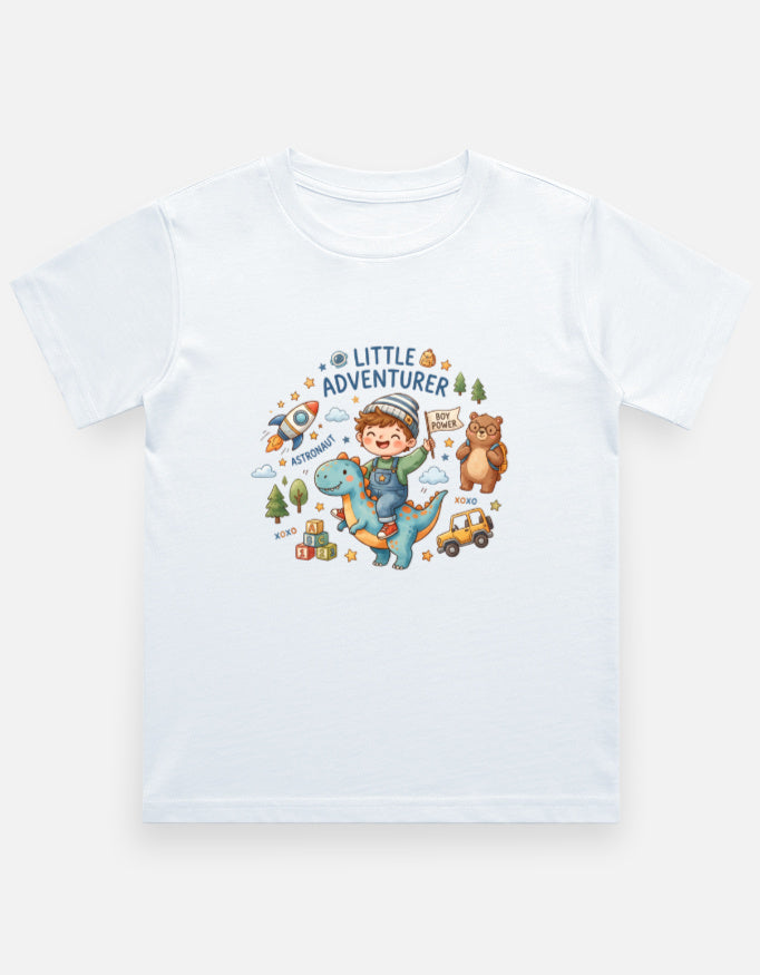 Kids graphic crew-neck T-shirt, white, front cartoon adventure print.