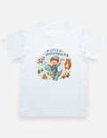 Kids graphic crew-neck T-shirt, white, front cartoon adventure print.
