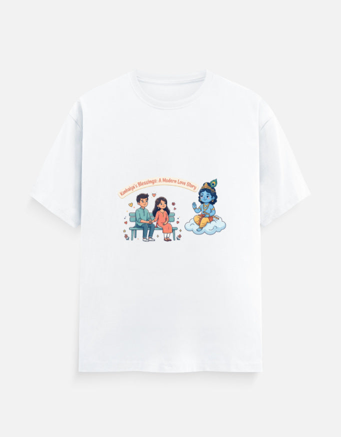White unisex crew-neck t-shirt with colorful Radha Krishna graphic print.