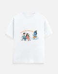White unisex crew-neck t-shirt with colorful Radha Krishna graphic print.