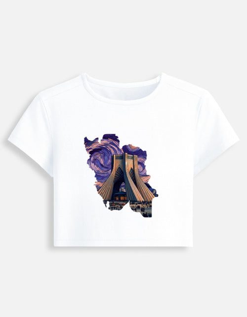 Women’s fitted crop baby tee, white, with colorful lighthouse graphic on front