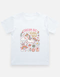 White kids graphic crew-neck T-shirt with unicorn and floral "DREAM BIG" print