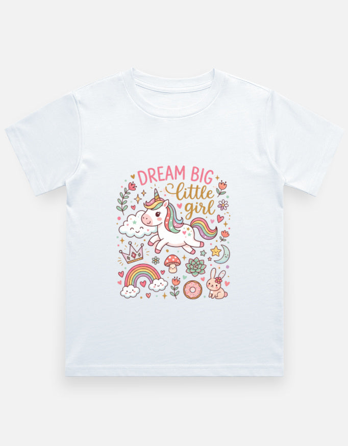 White kids graphic crew-neck T-shirt with unicorn and floral "DREAM BIG" print