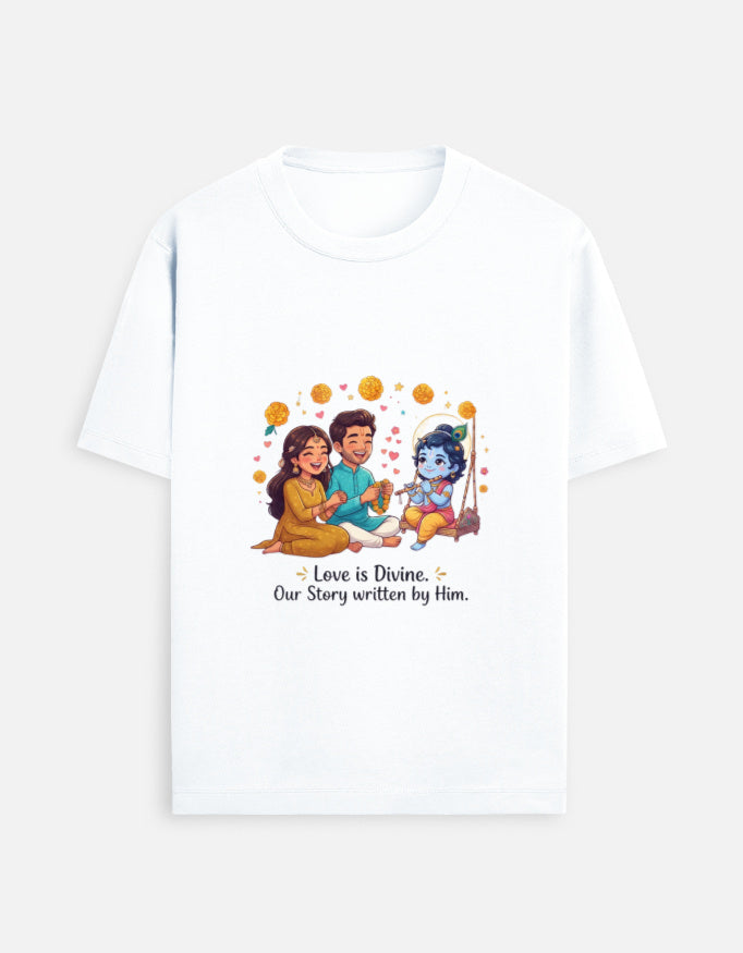 White unisex crew-neck T-shirt with colorful Radha Krishna graphic on front