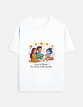 White unisex crew-neck T-shirt with colorful Radha Krishna graphic on front