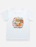 White kids crew neck T-shirt with colorful 'CUTE CREW!' animal graphic