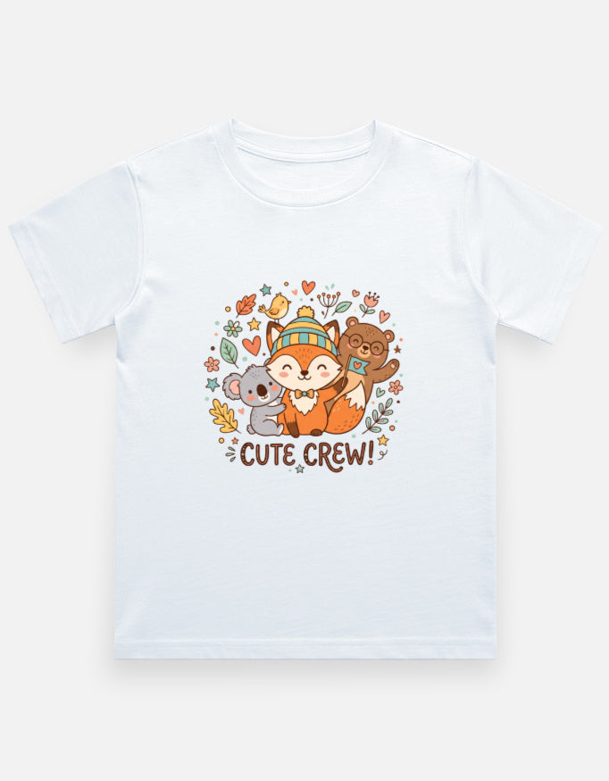 White kids crew neck T-shirt with colorful 'CUTE CREW!' animal graphic