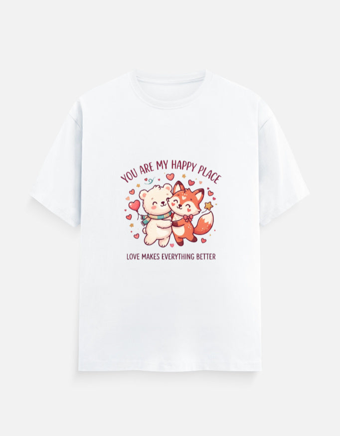 Unisex crew-neck graphic t-shirt, white, cartoon heart couple illustration on chest