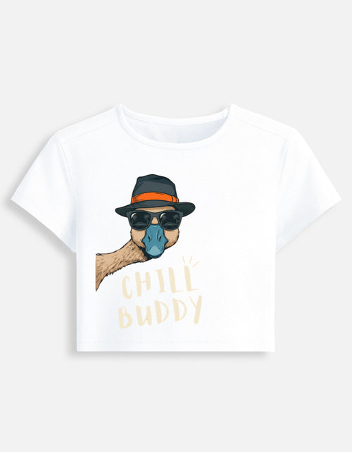 Women's graphic baby tee, white fitted crop top, “Child Buddy” front illustration