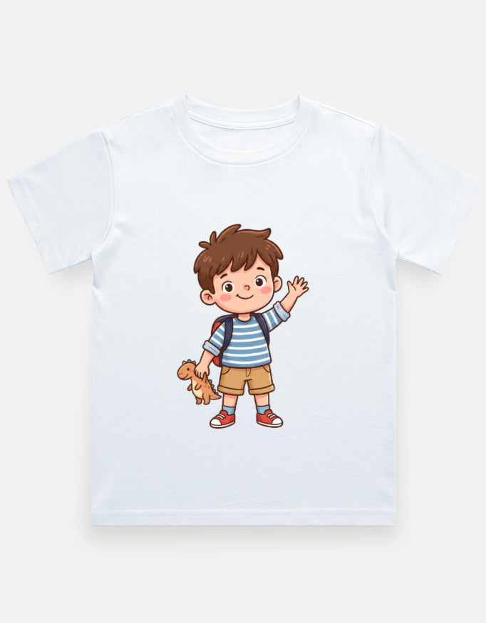Kids crew neck T-shirt in light blue with cartoon boy and dog graphic on front