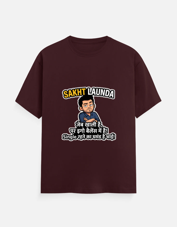 Maroon unisex crew-neck T-shirt with Hindi slogan graphic and cartoon face on chest