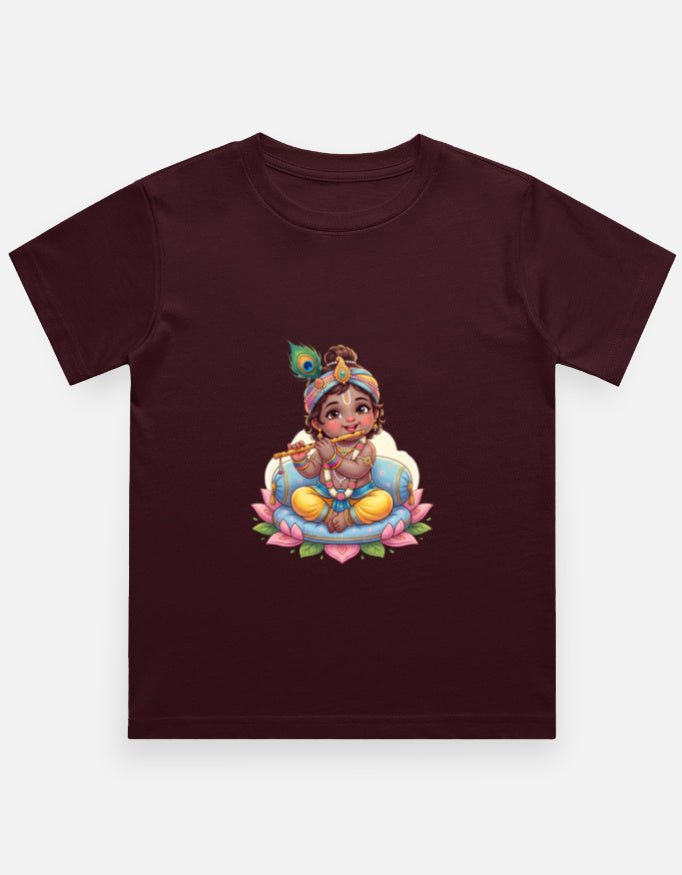 Kids crew neck T-shirt, maroon, front Krishna-style graphic print