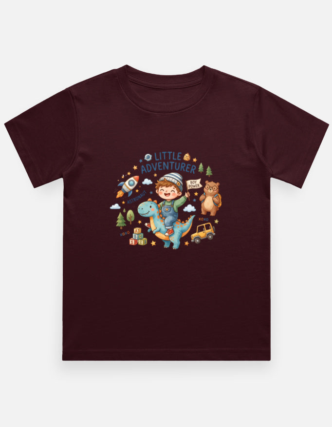 Kids graphic crew-neck T-shirt, maroon, front cartoon adventure print.