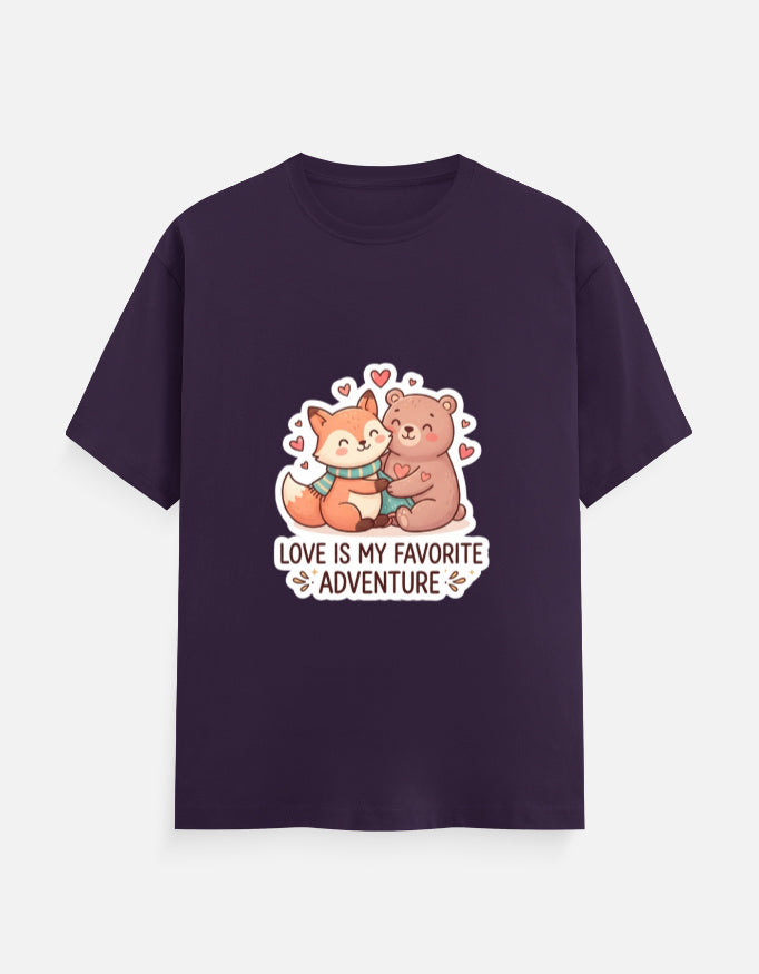 Unisex crew neck T-shirt in purple with cartoon bear graphic, hearts, and 'Love is my favorite adventure'